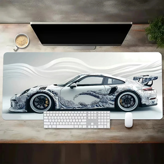 Tapis de souris XXL Style Porsche Blanc & Bleu Wave | Tapis de souris® 400x900x3MM