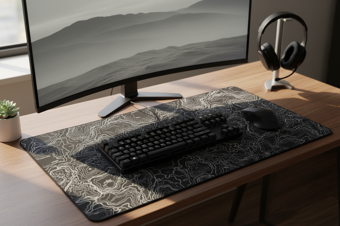 image d'un bureau avec un tapis de souris topographique