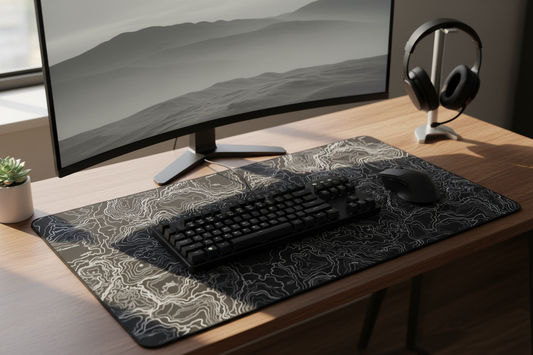 image d'un bureau avec un tapis de souris topographique